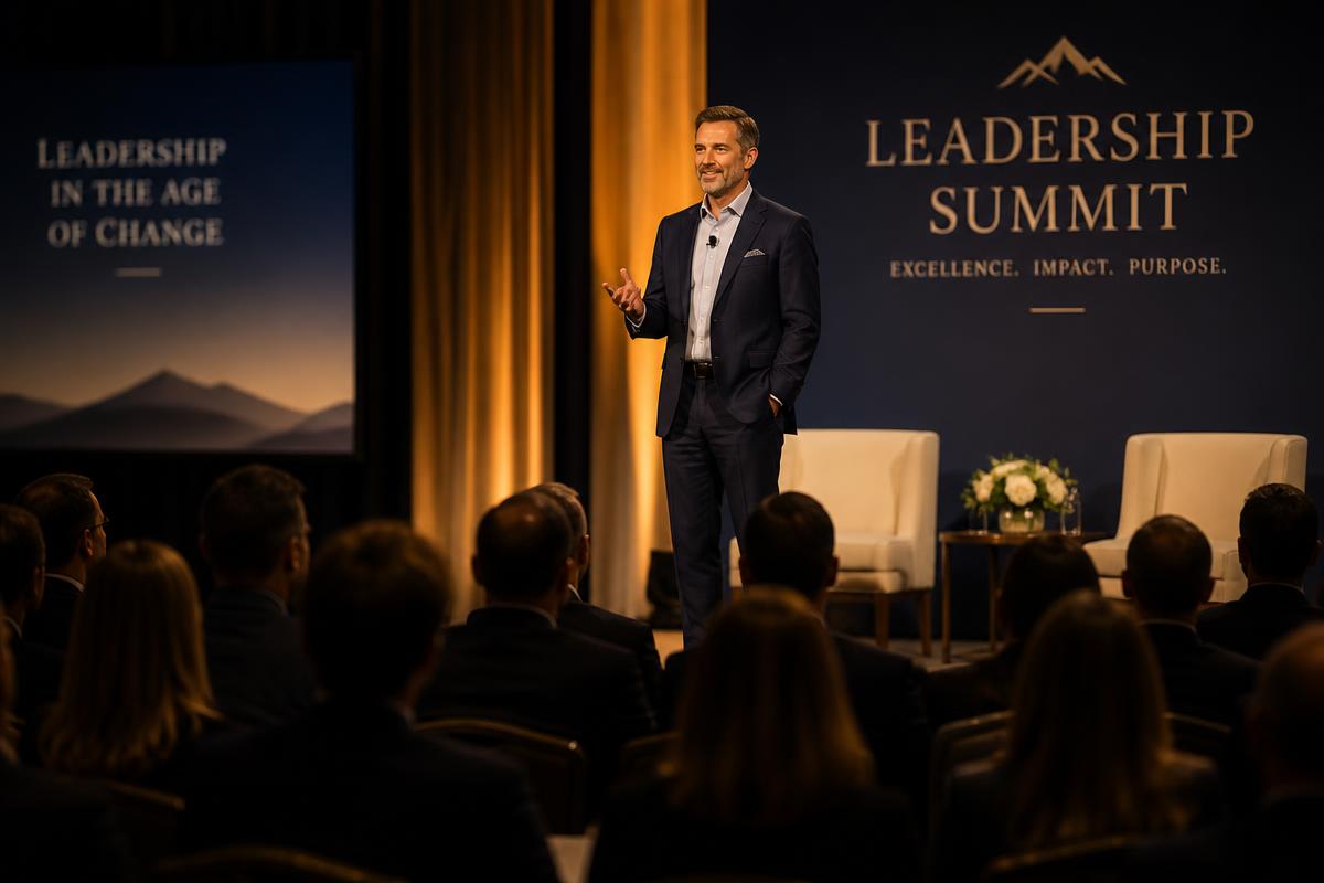 Speaker on stage at a leadership summit with an engaged audience