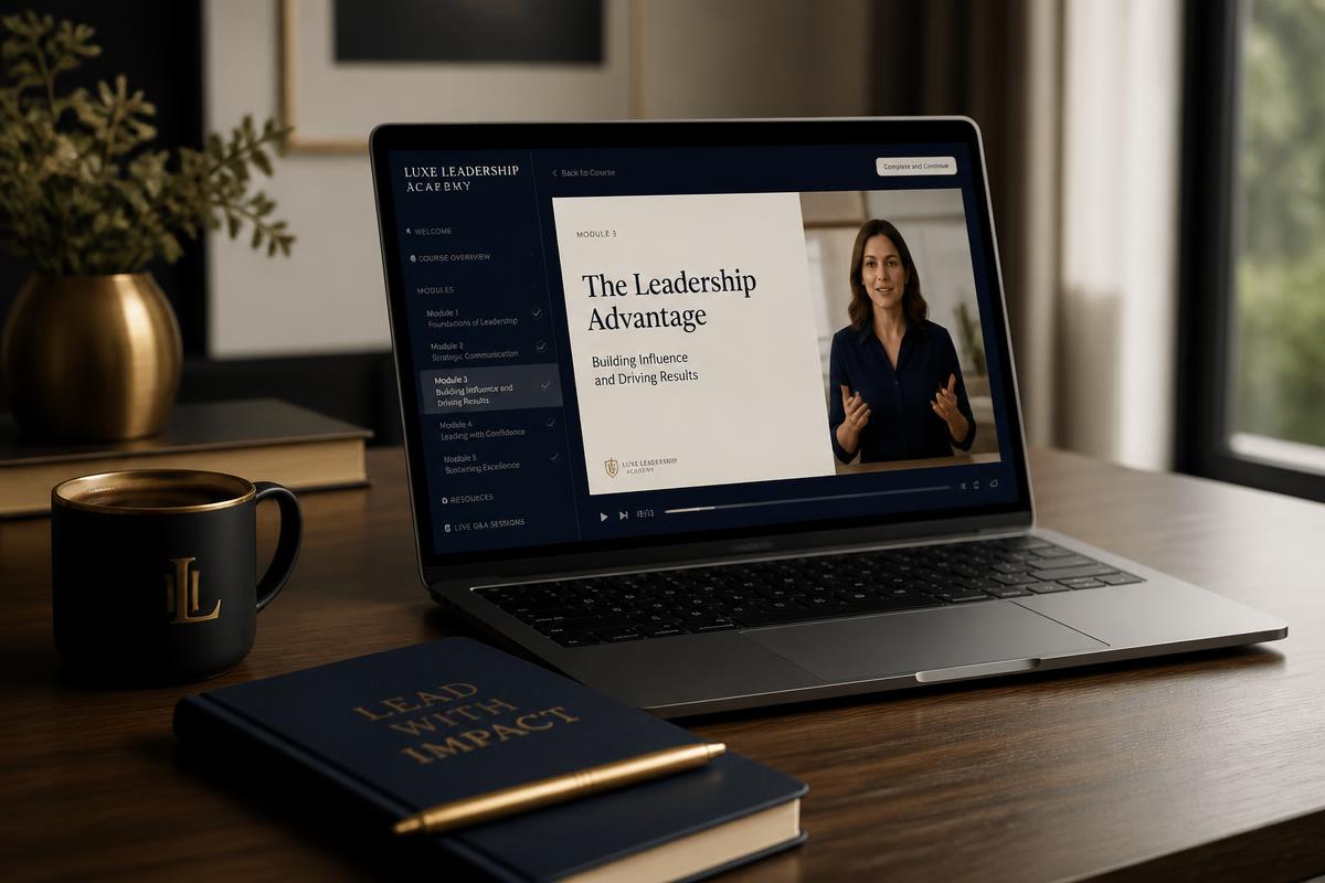 Laptop showing a self-paced leadership course lesson on a walnut desk